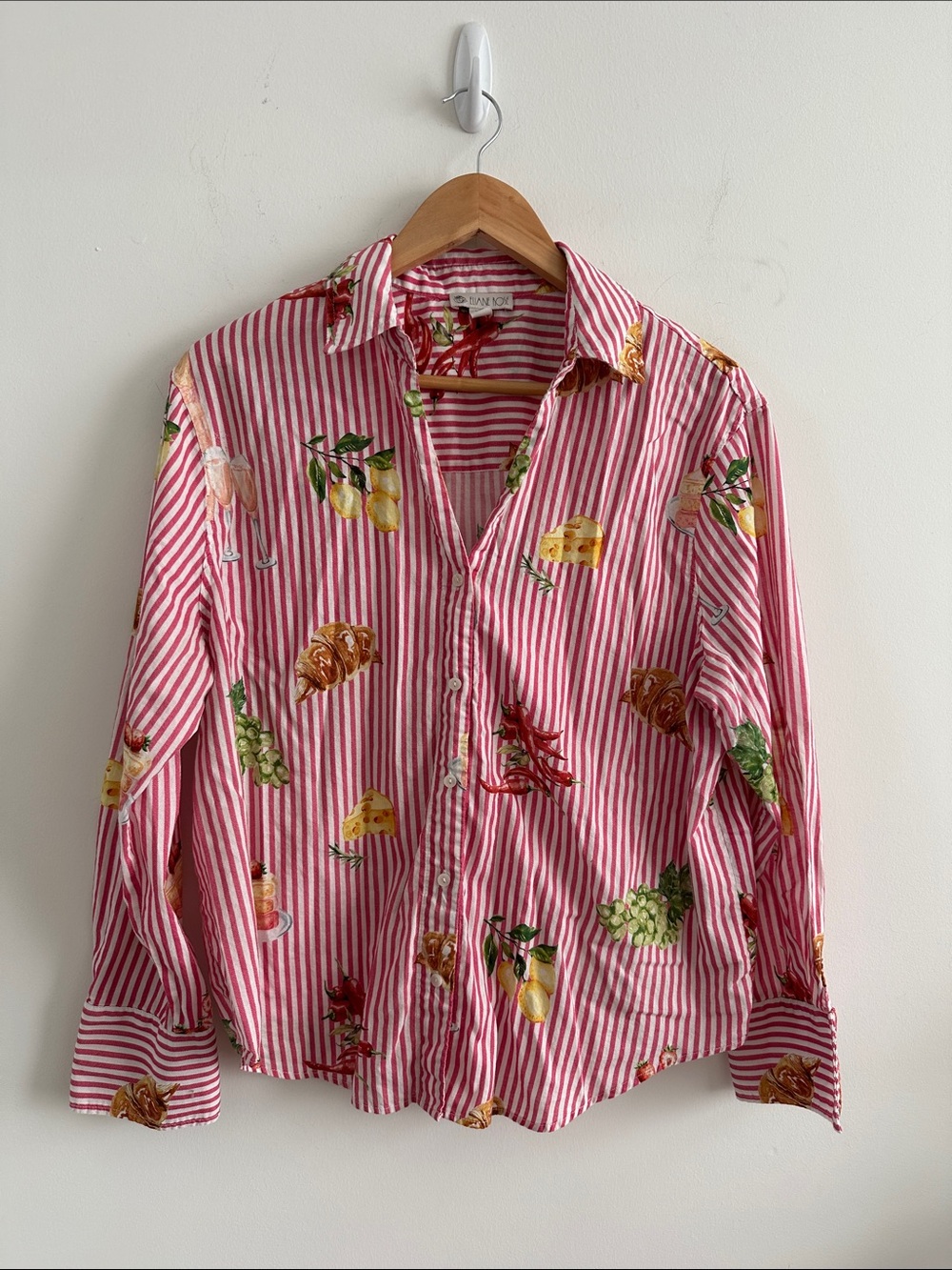 Striped Pink Button-Up Shirt with Food Print